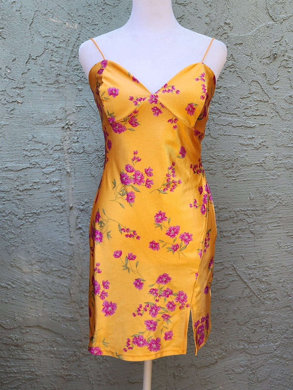 Floral Satin Mini Slip Dress - Marigold Yellow & Pink Side Slit Cocktail Dress
